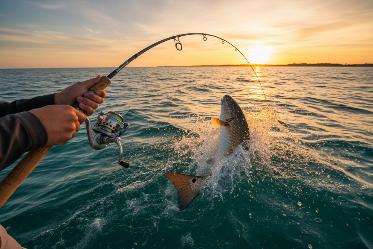 Fishing Rod Catching Large Redfish at Sunset